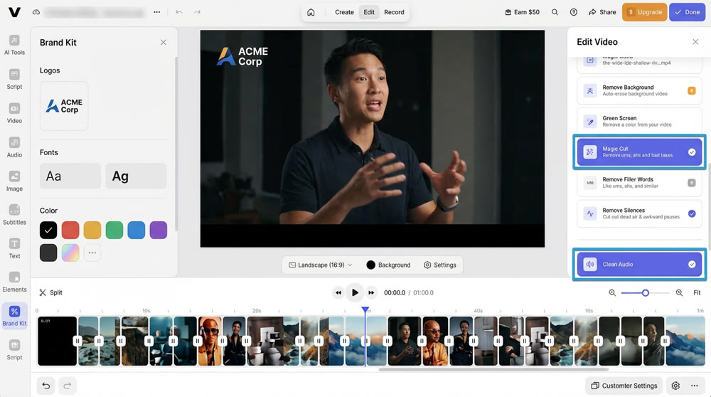 Veed.io Magic Cut, Clean Audio toggles active..png