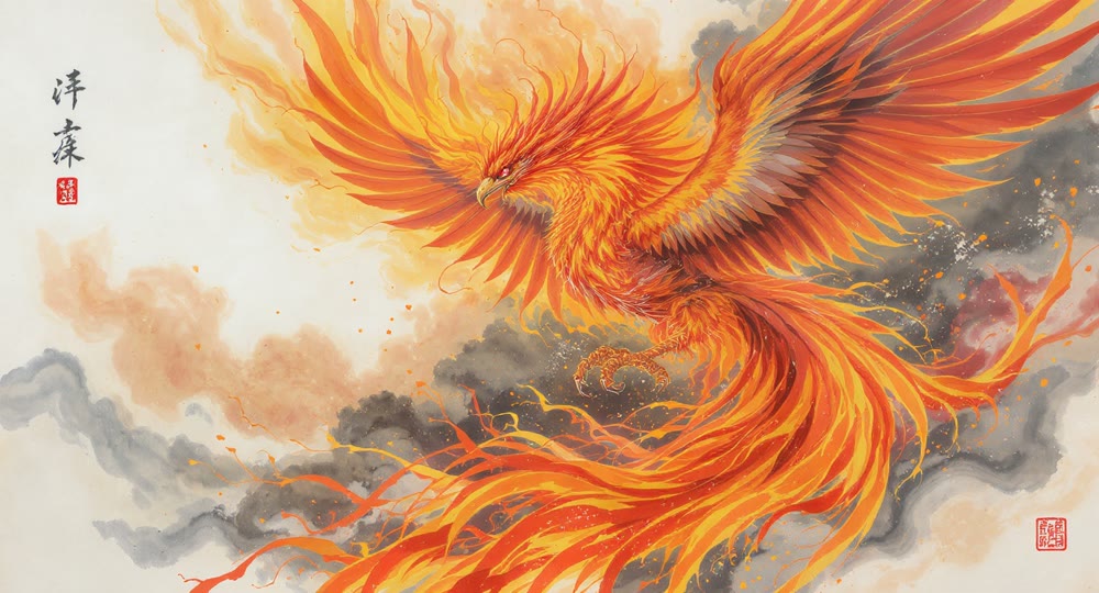 Image of a phoenix that captures the watercolor element but misses the ink wash style.png