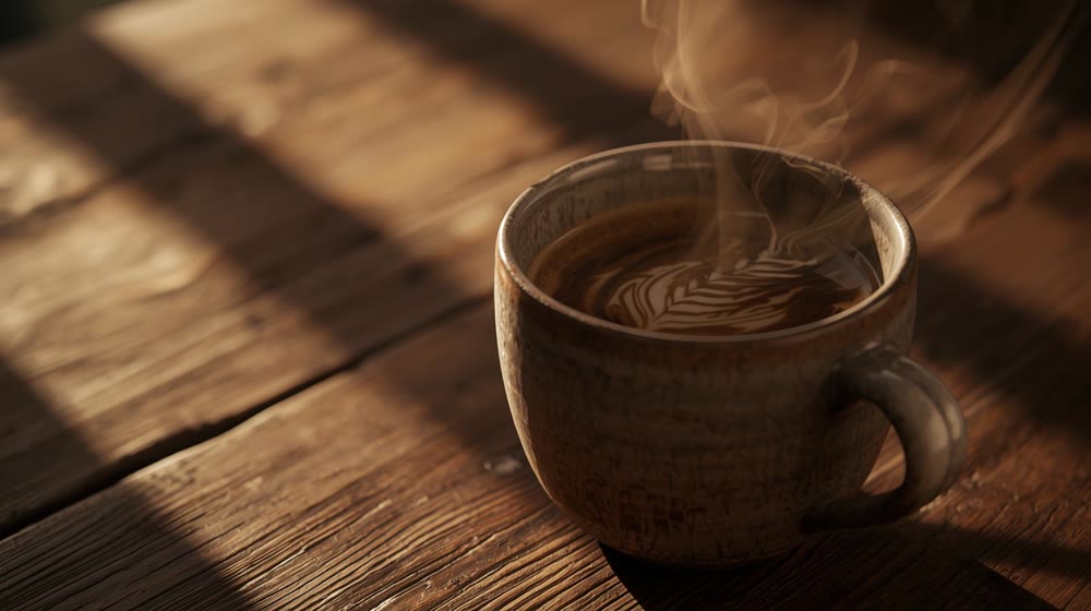 A close-up of an artisan ceramic latte cup on a rustic dark oak table, morning golden hour sunlight streaming from the left, steam rising in a swirl, cinematic lighting, 8k resolution, photorealistic texture..jpg