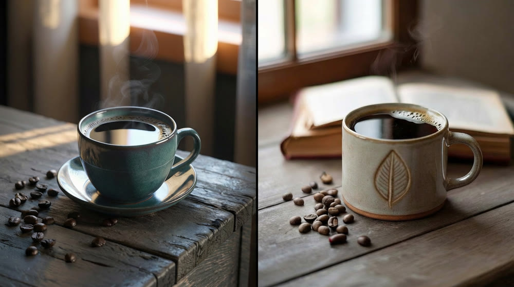 Image of a realistic cup of coffee on a wooden table, capturing the steam and textures.png