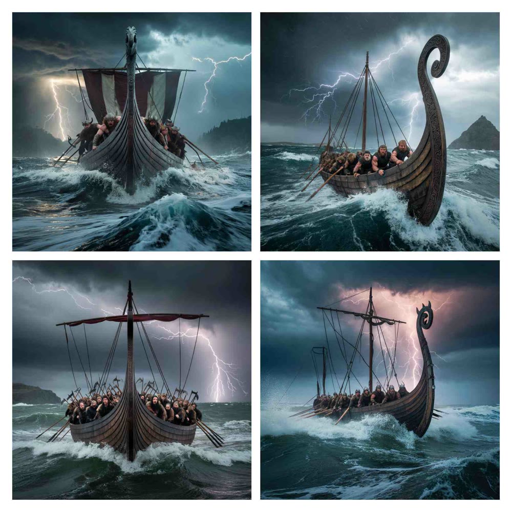 A wide-angle cinematic scene of a Viking longship crashing through a stormy sea.jpeg