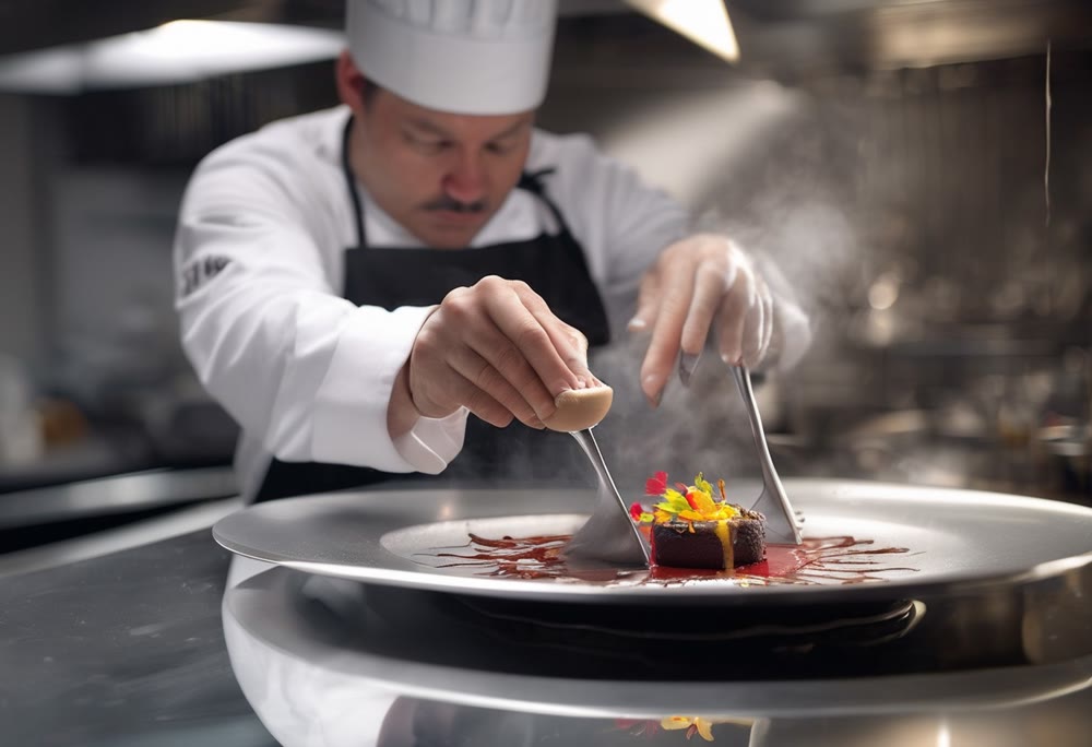 Photorealistic medium shot of a chef meticulously plating a complex dessert in a Michelin-star kitchen.jpeg