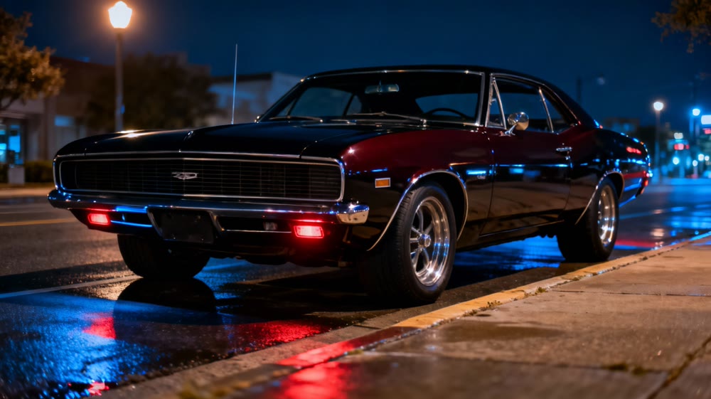 A high-resolution photo of a classic 1960s muscle car parked on a dimly lit city street at night