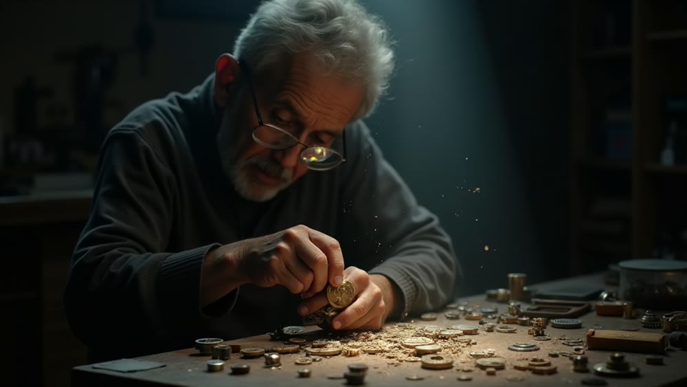 Watchmaker in dimly lit workshop with magnifying glass, intricate gears..png