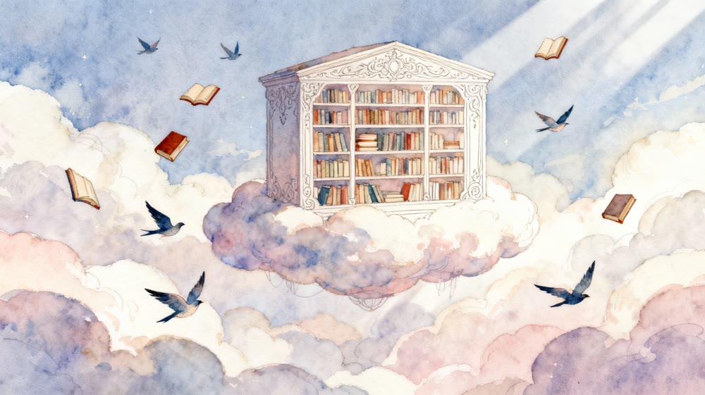 Whimsical illustration of a floating library in the clouds, books flying like birds, soft pastel colors, watercolor texture, dreamy atmosphere, intricate linework..png