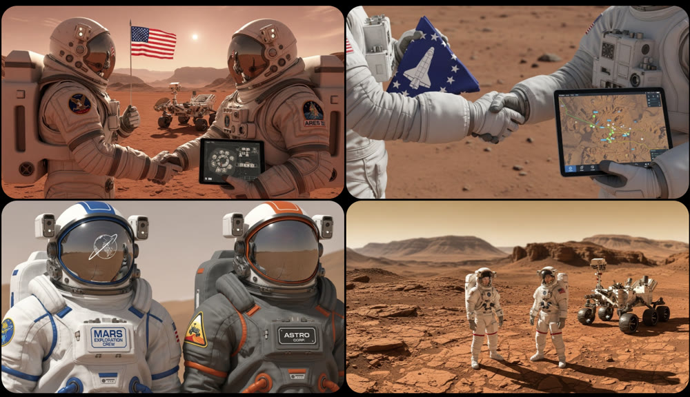 imagefx sample image Two astronauts shaking hands on the surface of Mars.png