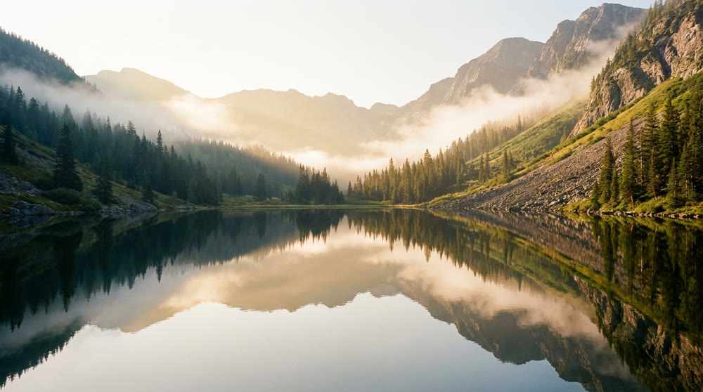 A misty mountain valley at sunrise reflective lake in foreground.png