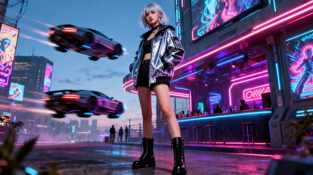 A silver-haired woman stands confidently outside a neon-lit nightclub in a futuristic cyberpunk city..png