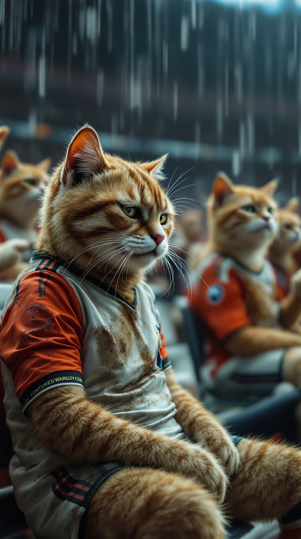 A cat in a worn-out jersey is mocked by other <br>cats for being clumsy, looking heartbroken.