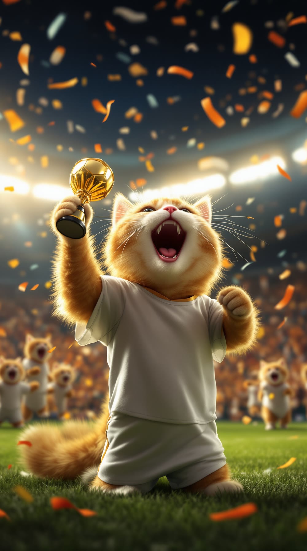 The cat scores the final goal in the Cat World Cup, lifting a trophy under the spotlight, looking confident.