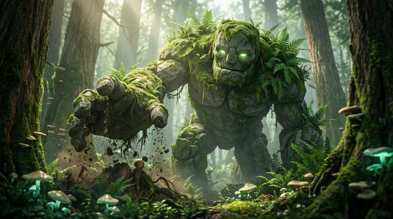 a photorealistic image of an ancient, moss-covered stone golem slowly awakening in an enchanted forest.webp