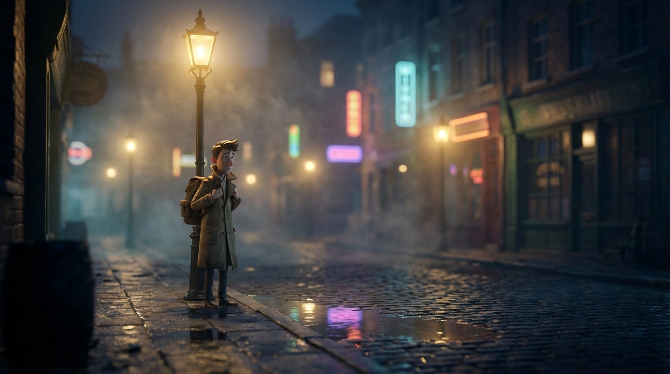 A single 3D character standing under a streetlamp.webp