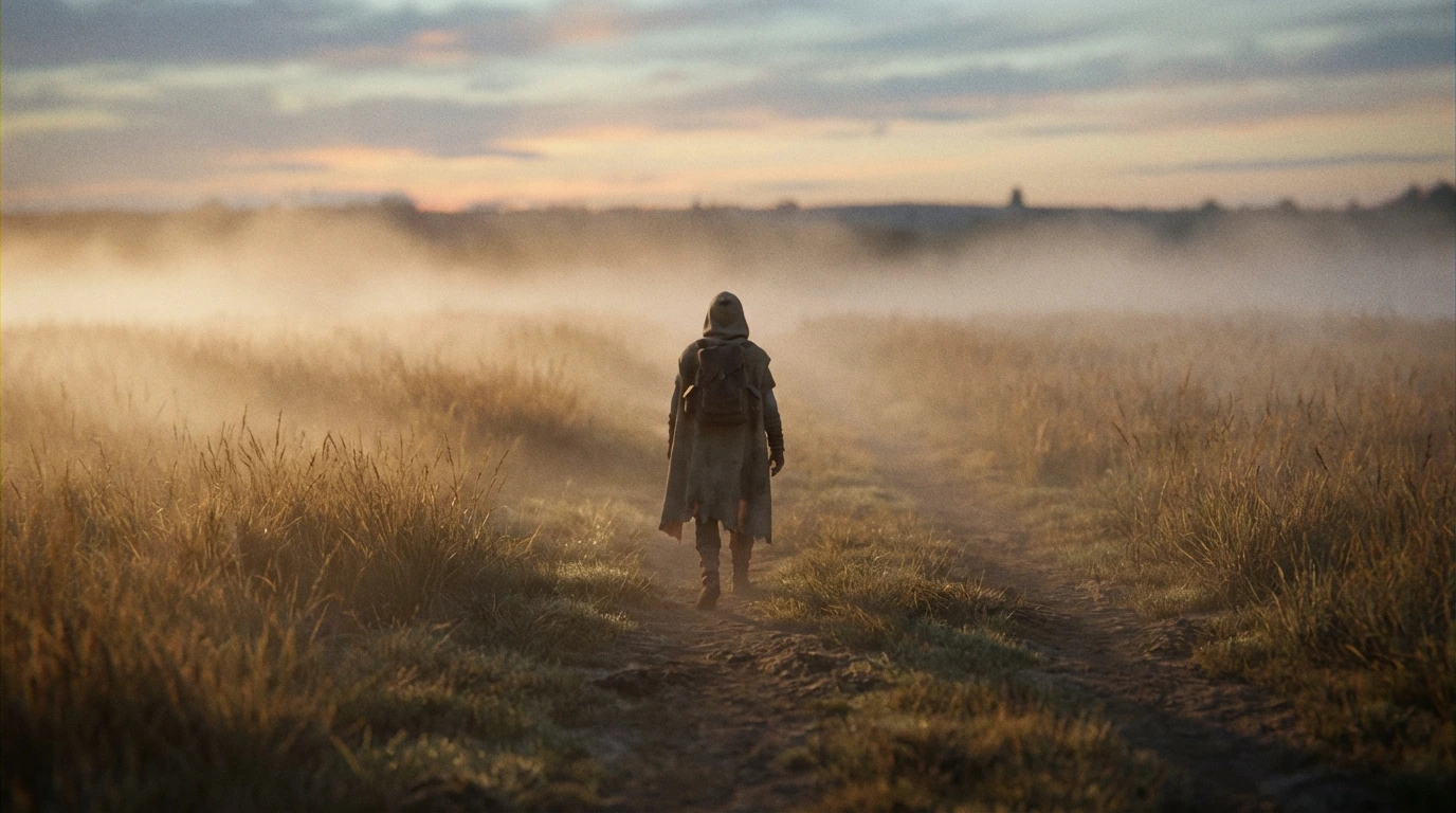 A lone 3D character walking slowly toward the horizon, seen from behind.webp