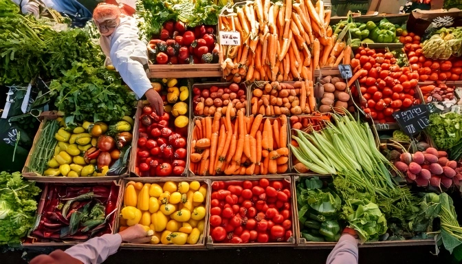 A top-down view of a bustling farmers' market stall.webp