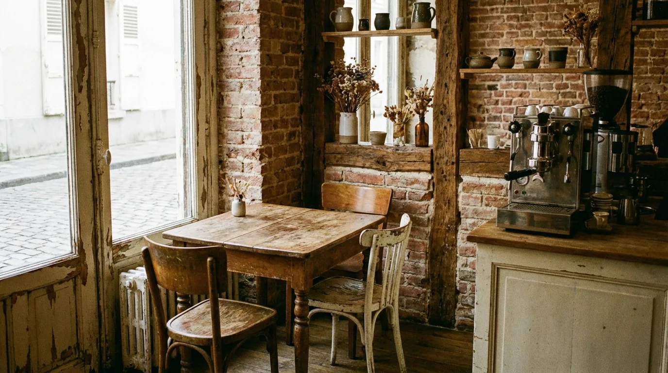 A photo of an empty, rustic coffee shop corner with a single wooden table.webp